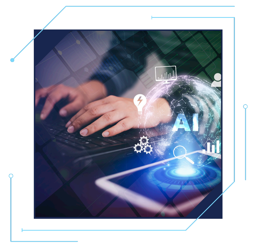 Manos sobre un teclado rodeadas de íconos de inteligencia artificial