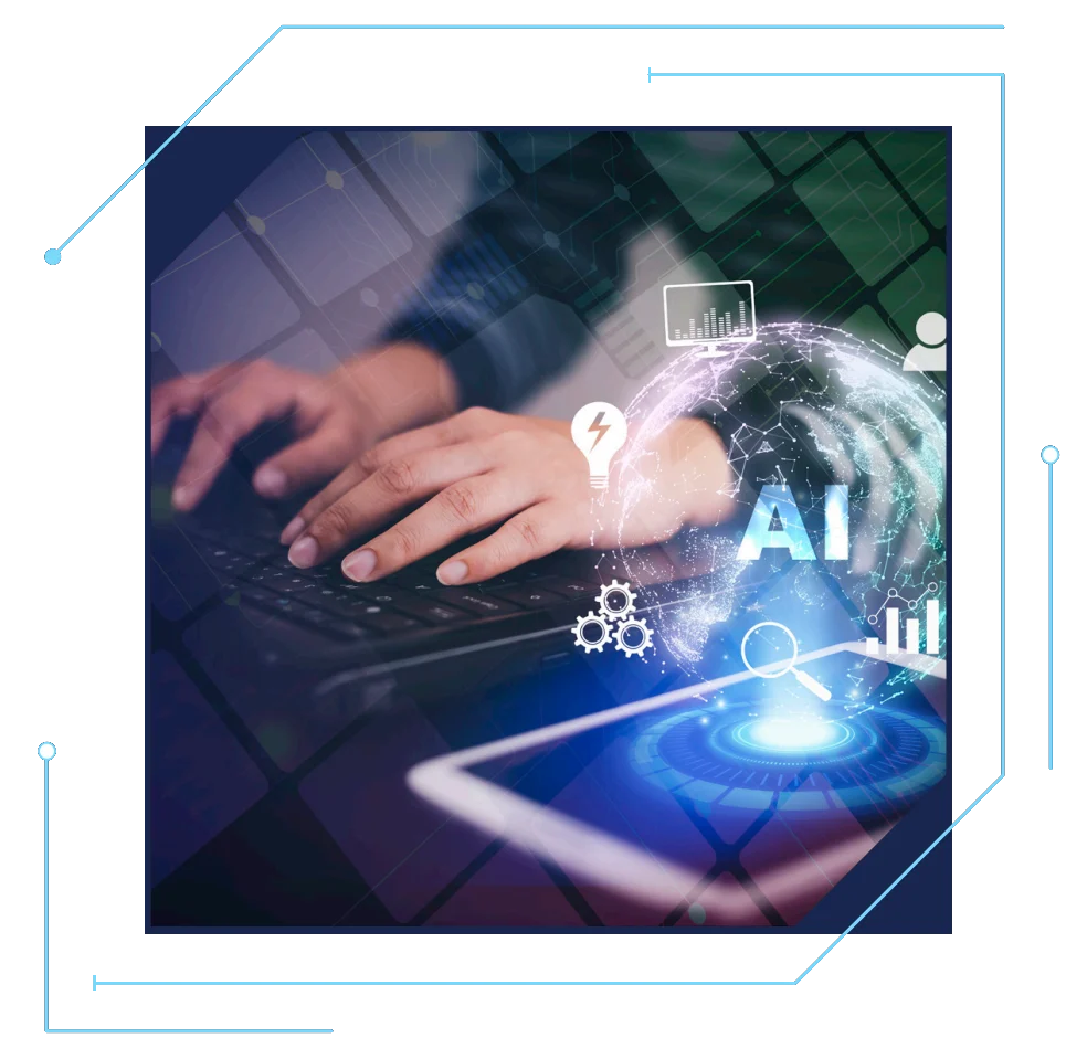 Manos sobre un teclado rodeadas de íconos de inteligencia artificial